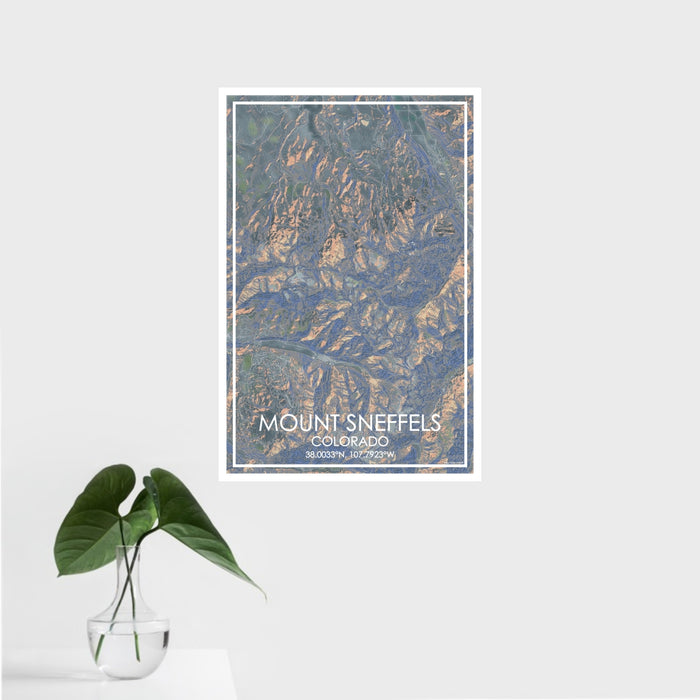 16x24 Mount Sneffels Colorado Map Print Portrait Orientation in Afternoon Style With Tropical Plant Leaves in Water