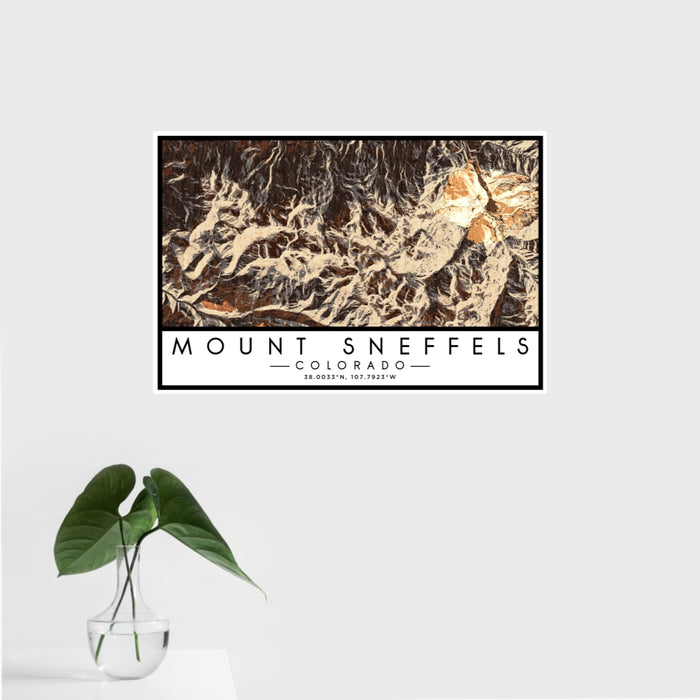 16x24 Mount Sneffels Colorado Map Print Landscape Orientation in Ember Style With Tropical Plant Leaves in Water