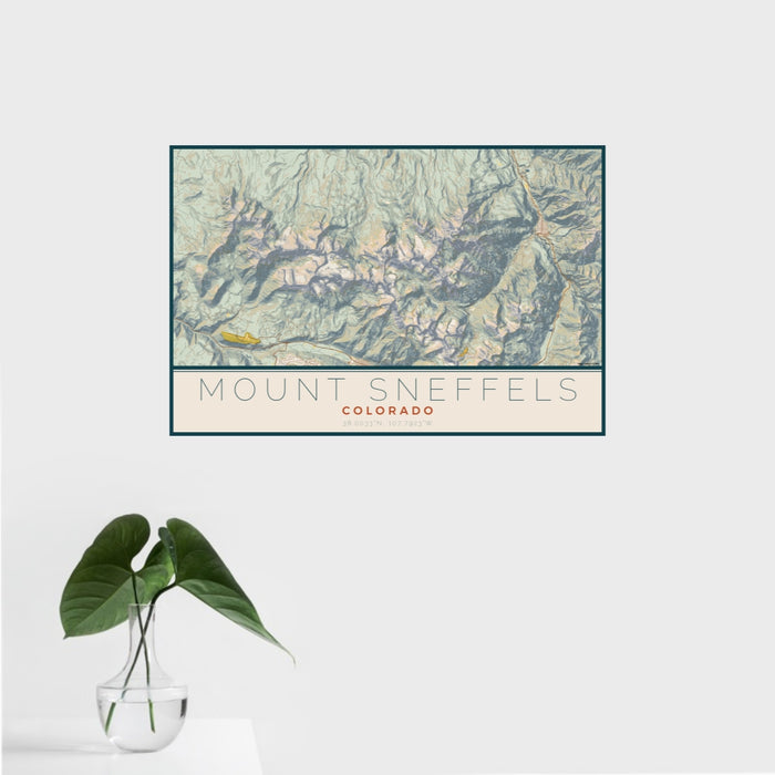 16x24 Mount Sneffels Colorado Map Print Landscape Orientation in Woodblock Style With Tropical Plant Leaves in Water