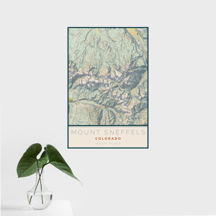 16x24 Mount Sneffels Colorado Map Print Portrait Orientation in Woodblock Style With Tropical Plant Leaves in Water