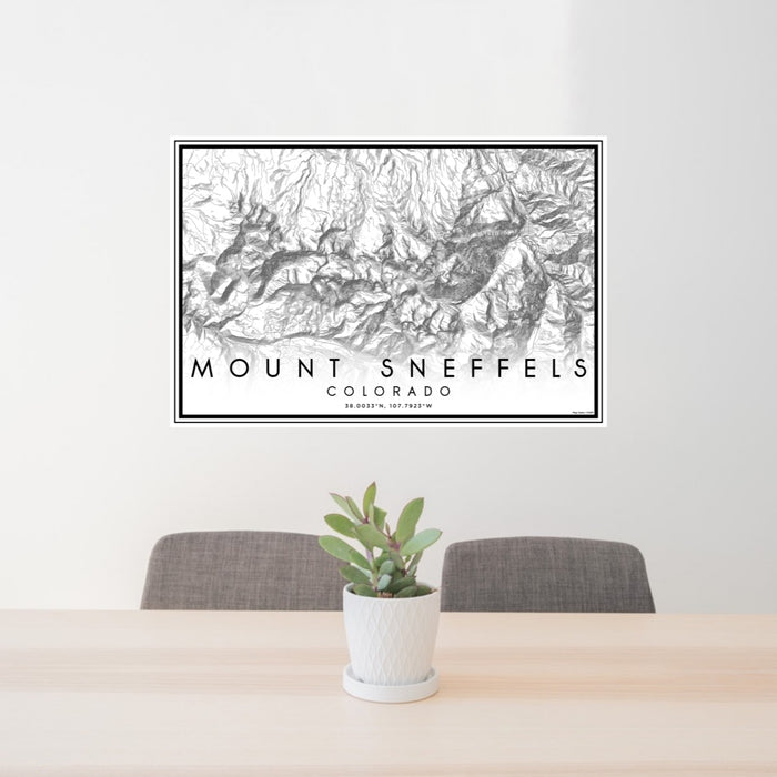 24x36 Mount Sneffels Colorado Map Print Lanscape Orientation in Classic Style Behind 2 Chairs Table and Potted Plant