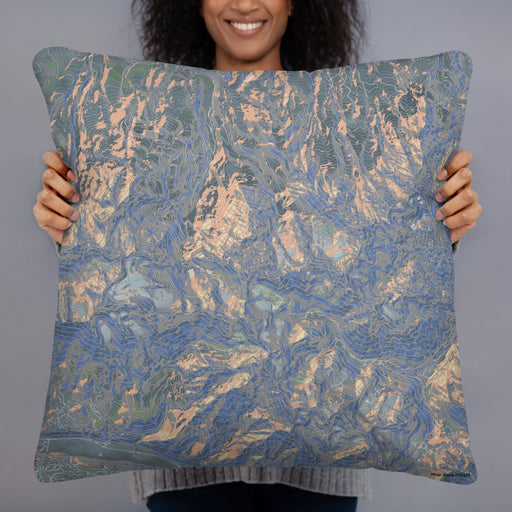 Person holding 22x22 Custom Mount Sneffels Colorado Map Throw Pillow in Afternoon