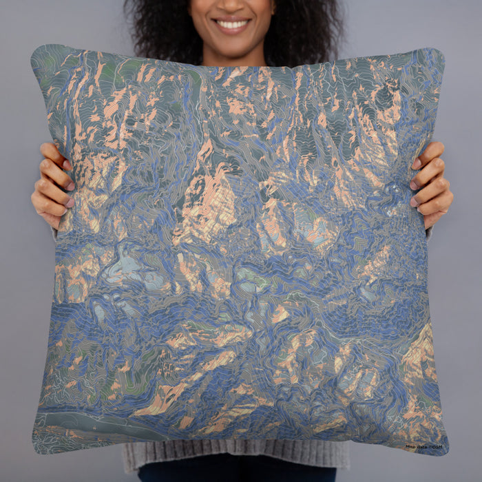 Person holding 22x22 Custom Mount Sneffels Colorado Map Throw Pillow in Afternoon