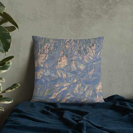 Custom Mount Sneffels Colorado Map Throw Pillow in Afternoon on Bedding Against Wall