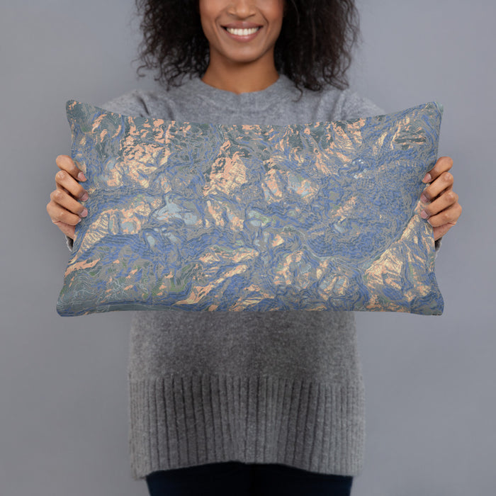 Person holding 20x12 Custom Mount Sneffels Colorado Map Throw Pillow in Afternoon