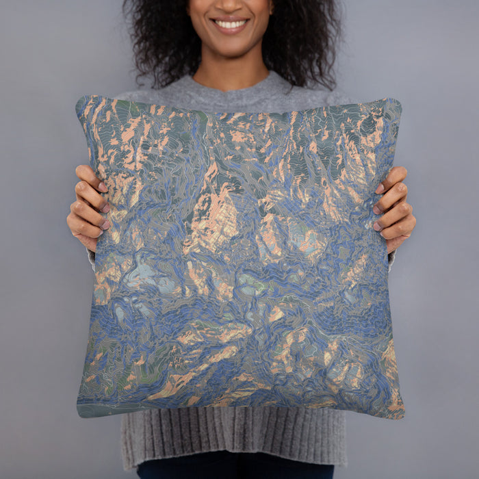 Person holding 18x18 Custom Mount Sneffels Colorado Map Throw Pillow in Afternoon