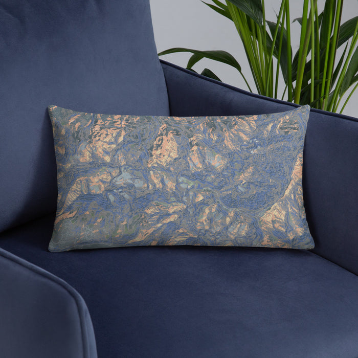 Custom Mount Sneffels Colorado Map Throw Pillow in Afternoon on Blue Colored Chair