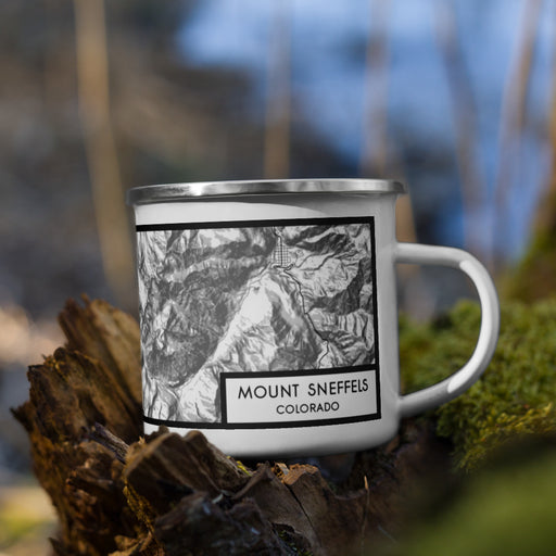 Right View Custom Mount Sneffels Colorado Map Enamel Mug in Classic on Grass With Trees in Background