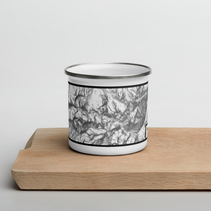 Front View Custom Mount Sneffels Colorado Map Enamel Mug in Classic on Cutting Board