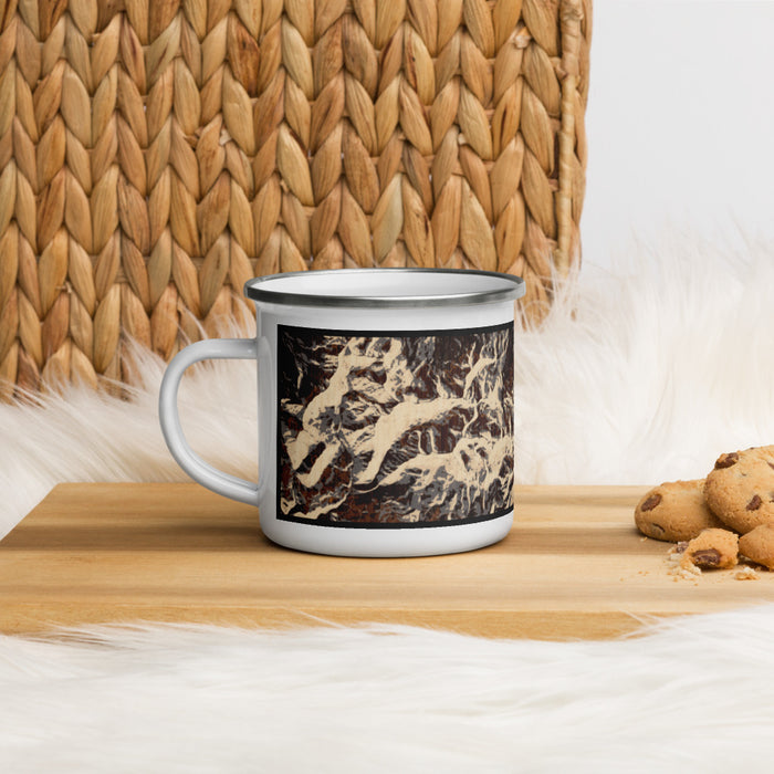 Left View Custom Mount Sneffels Colorado Map Enamel Mug in Ember on Table Top