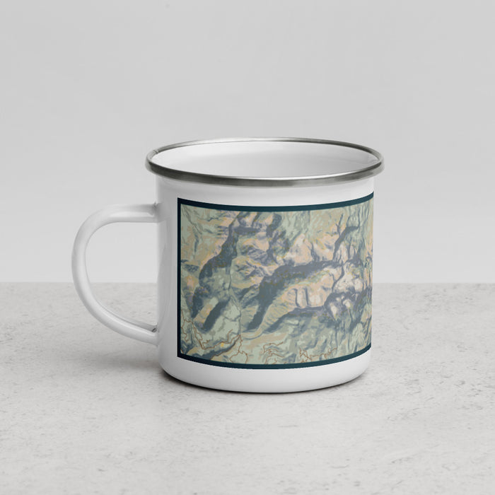 Left View Custom Mount Sneffels Colorado Map Enamel Mug in Woodblock