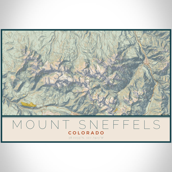 Mount Sneffels Colorado Map Print Landscape Orientation in Woodblock Style With Shaded Background