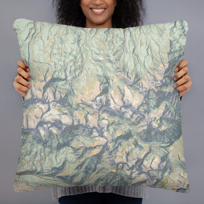 Person holding 22x22 Custom Mount Sneffels Colorado Map Throw Pillow in Woodblock