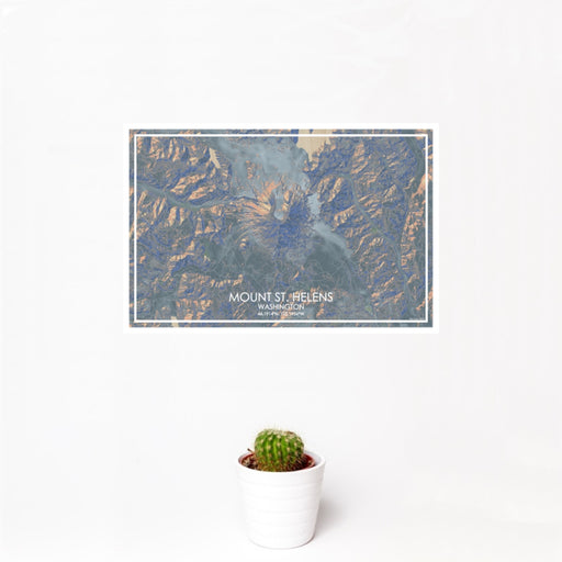 12x18 Mount St. Helens Washington Map Print Landscape Orientation in Afternoon Style With Small Cactus Plant in White Planter