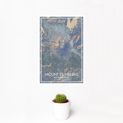12x18 Mount St. Helens Washington Map Print Portrait Orientation in Afternoon Style With Small Cactus Plant in White Planter