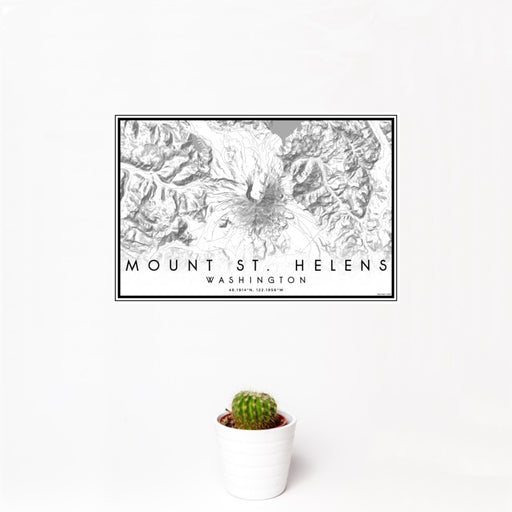 12x18 Mount St. Helens Washington Map Print Landscape Orientation in Classic Style With Small Cactus Plant in White Planter