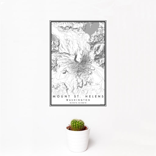 12x18 Mount St. Helens Washington Map Print Portrait Orientation in Classic Style With Small Cactus Plant in White Planter