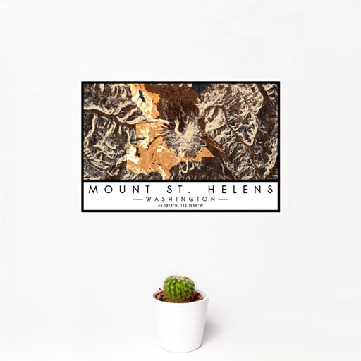 12x18 Mount St. Helens Washington Map Print Landscape Orientation in Ember Style With Small Cactus Plant in White Planter