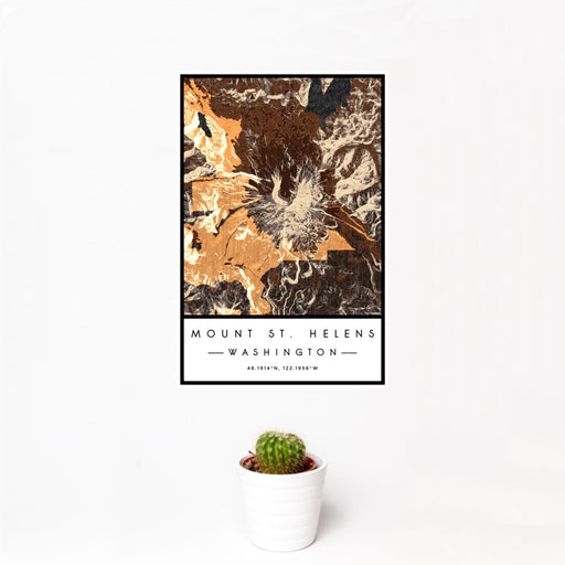 12x18 Mount St. Helens Washington Map Print Portrait Orientation in Ember Style With Small Cactus Plant in White Planter