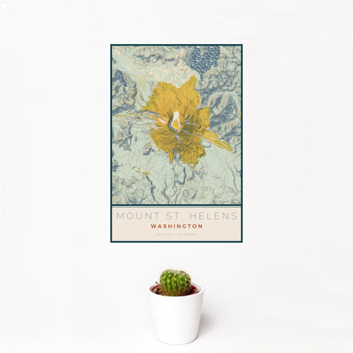 12x18 Mount St. Helens Washington Map Print Portrait Orientation in Woodblock Style With Small Cactus Plant in White Planter