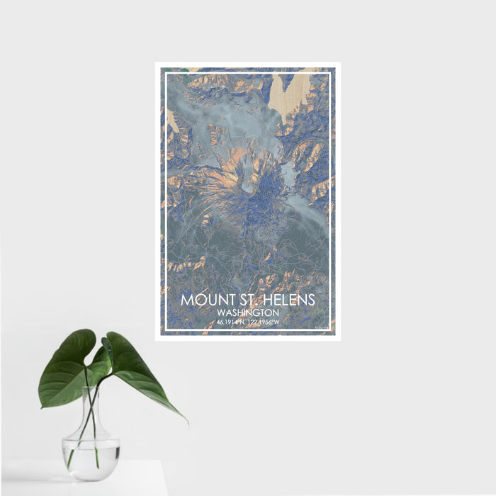 16x24 Mount St. Helens Washington Map Print Portrait Orientation in Afternoon Style With Tropical Plant Leaves in Water