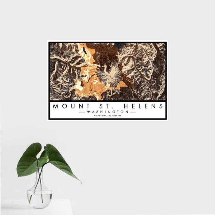 16x24 Mount St. Helens Washington Map Print Landscape Orientation in Ember Style With Tropical Plant Leaves in Water