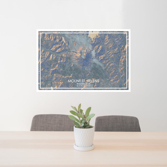 24x36 Mount St. Helens Washington Map Print Lanscape Orientation in Afternoon Style Behind 2 Chairs Table and Potted Plant