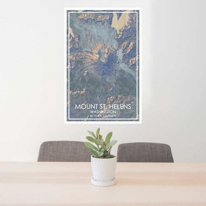 24x36 Mount St. Helens Washington Map Print Portrait Orientation in Afternoon Style Behind 2 Chairs Table and Potted Plant