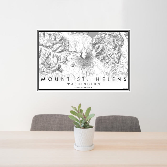 24x36 Mount St. Helens Washington Map Print Lanscape Orientation in Classic Style Behind 2 Chairs Table and Potted Plant