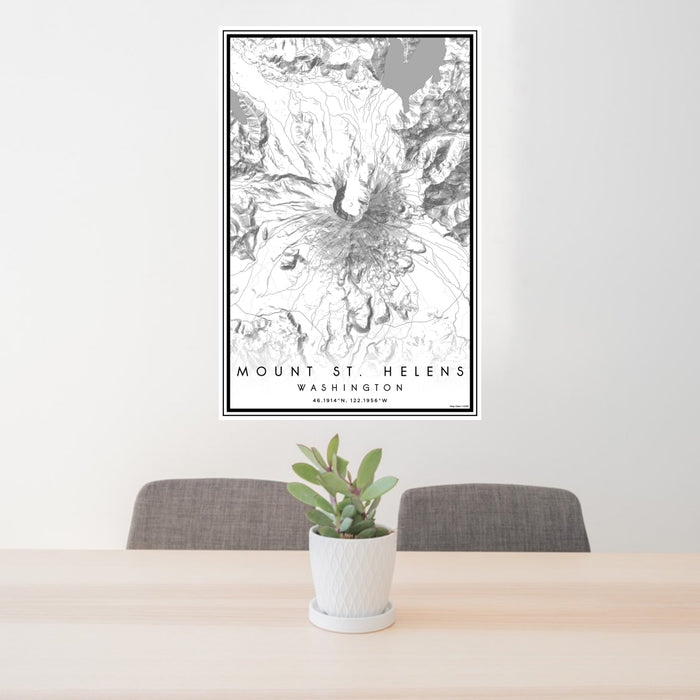 24x36 Mount St. Helens Washington Map Print Portrait Orientation in Classic Style Behind 2 Chairs Table and Potted Plant