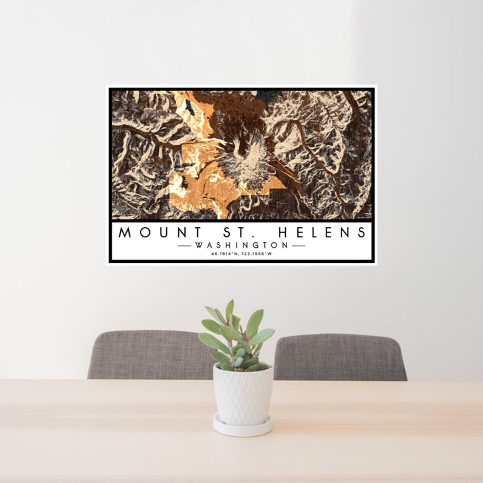 24x36 Mount St. Helens Washington Map Print Lanscape Orientation in Ember Style Behind 2 Chairs Table and Potted Plant