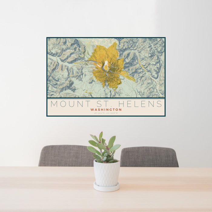 24x36 Mount St. Helens Washington Map Print Lanscape Orientation in Woodblock Style Behind 2 Chairs Table and Potted Plant