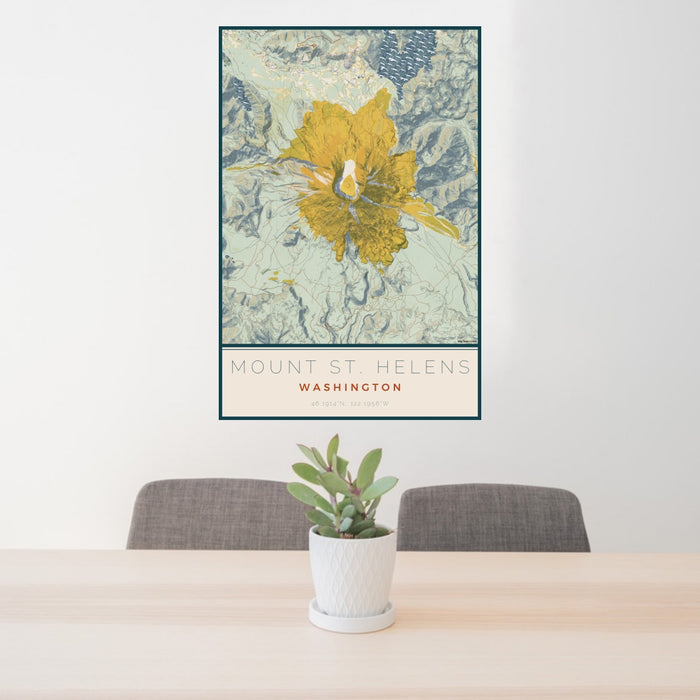 24x36 Mount St. Helens Washington Map Print Portrait Orientation in Woodblock Style Behind 2 Chairs Table and Potted Plant