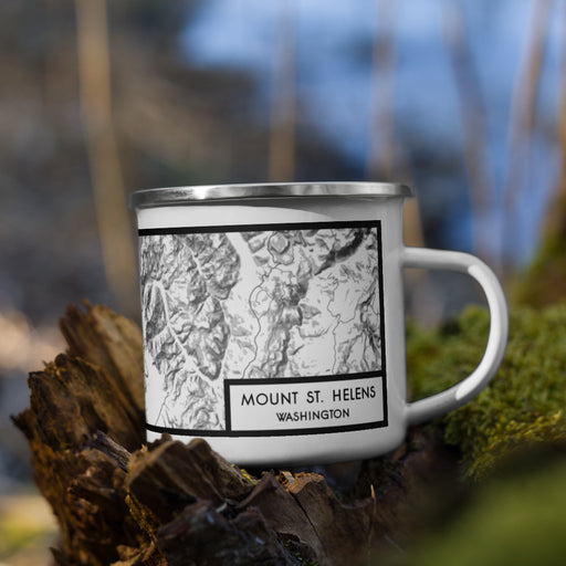 Right View Custom Mount St. Helens Washington Map Enamel Mug in Classic on Grass With Trees in Background