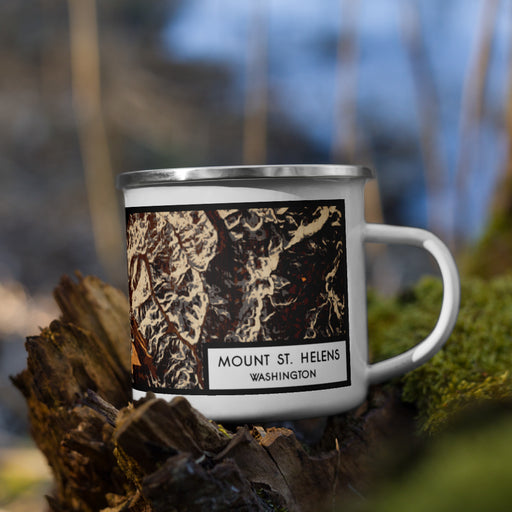 Right View Custom Mount St. Helens Washington Map Enamel Mug in Ember on Grass With Trees in Background