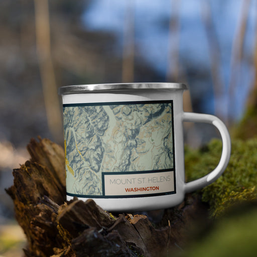Right View Custom Mount St. Helens Washington Map Enamel Mug in Woodblock on Grass With Trees in Background