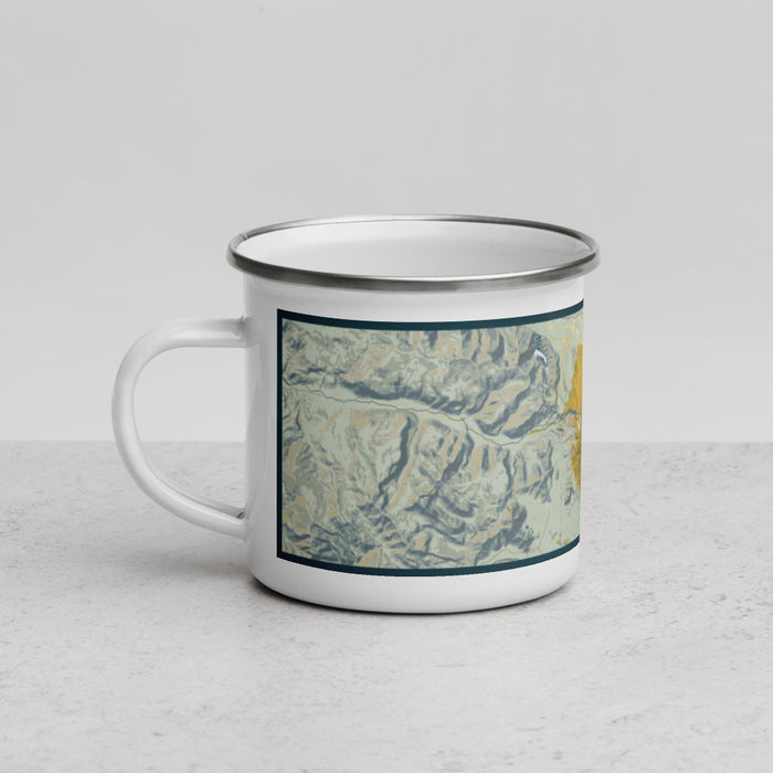 Left View Custom Mount St. Helens Washington Map Enamel Mug in Woodblock