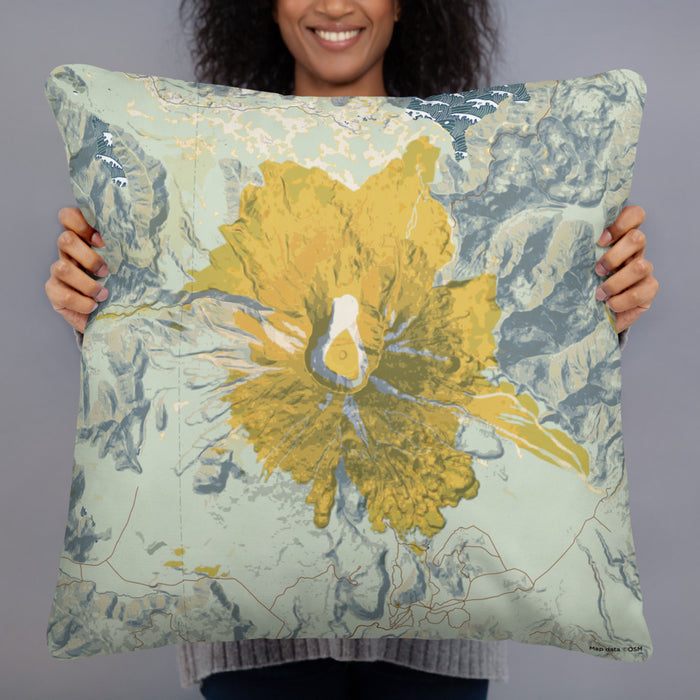 Person holding 22x22 Custom Mount St. Helens Washington Map Throw Pillow in Woodblock