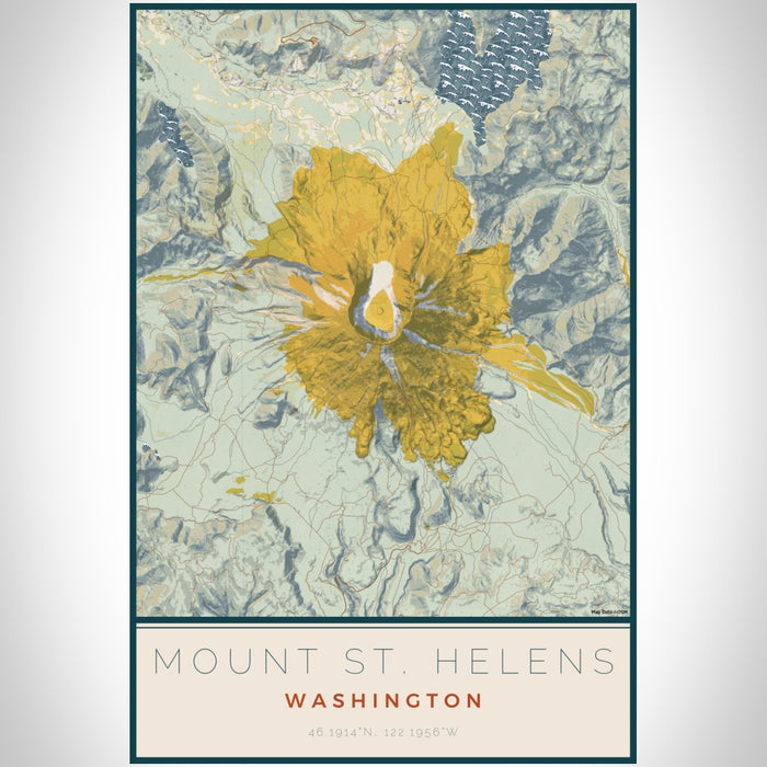 Mount St. Helens Washington Map Print Portrait Orientation in Woodblock Style With Shaded Background