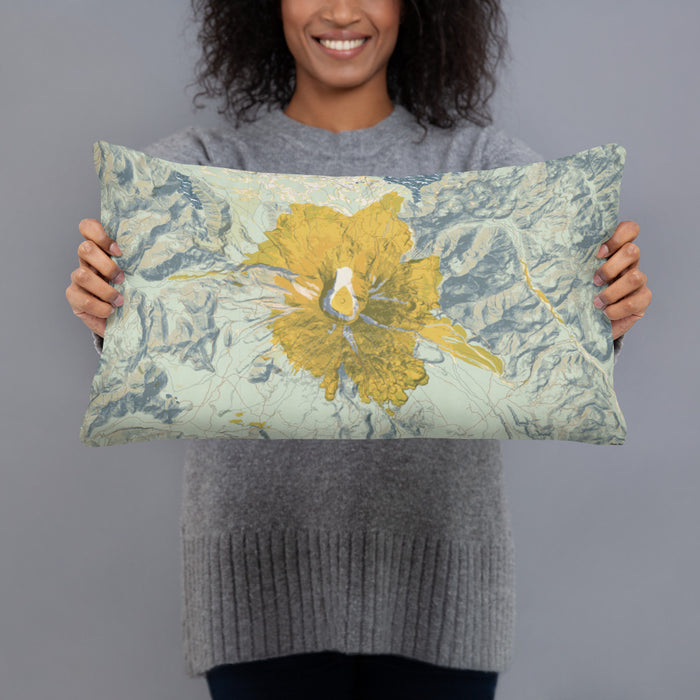 Person holding 20x12 Custom Mount St. Helens Washington Map Throw Pillow in Woodblock