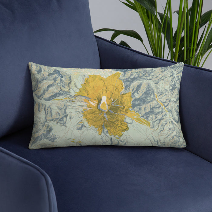 Custom Mount St. Helens Washington Map Throw Pillow in Woodblock on Blue Colored Chair