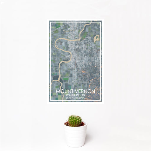 12x18 Mount Vernon Washington Map Print Portrait Orientation in Afternoon Style With Small Cactus Plant in White Planter