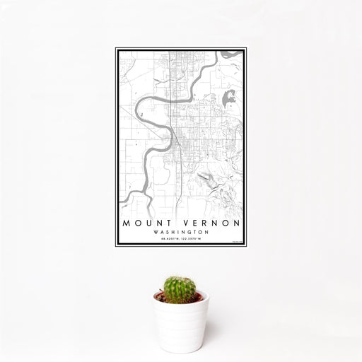 12x18 Mount Vernon Washington Map Print Portrait Orientation in Classic Style With Small Cactus Plant in White Planter