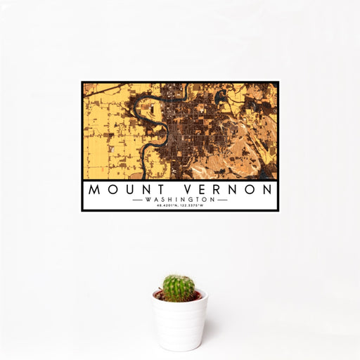 12x18 Mount Vernon Washington Map Print Landscape Orientation in Ember Style With Small Cactus Plant in White Planter