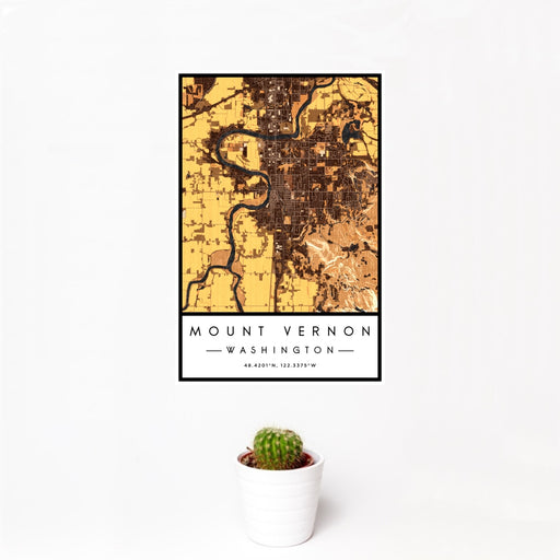 12x18 Mount Vernon Washington Map Print Portrait Orientation in Ember Style With Small Cactus Plant in White Planter