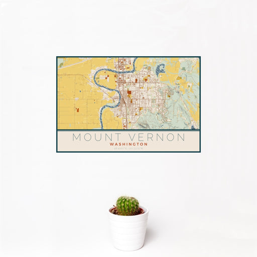 12x18 Mount Vernon Washington Map Print Landscape Orientation in Woodblock Style With Small Cactus Plant in White Planter