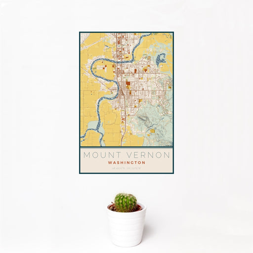 12x18 Mount Vernon Washington Map Print Portrait Orientation in Woodblock Style With Small Cactus Plant in White Planter