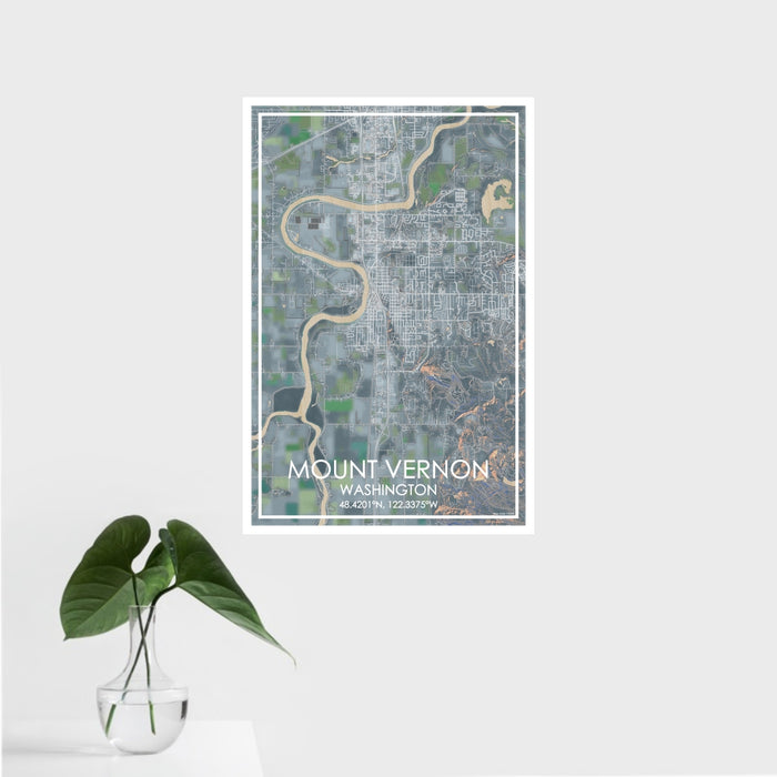 16x24 Mount Vernon Washington Map Print Portrait Orientation in Afternoon Style With Tropical Plant Leaves in Water