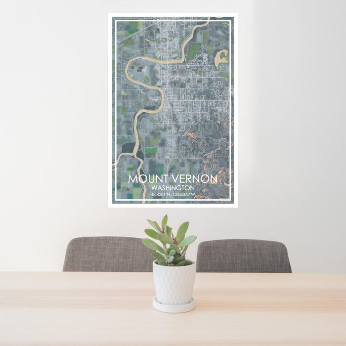 24x36 Mount Vernon Washington Map Print Portrait Orientation in Afternoon Style Behind 2 Chairs Table and Potted Plant