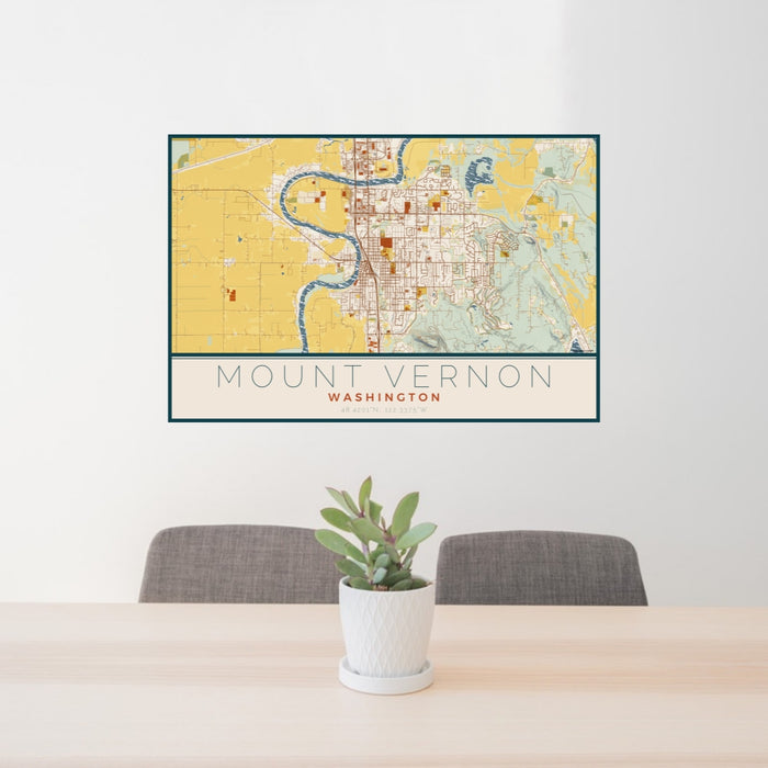 24x36 Mount Vernon Washington Map Print Lanscape Orientation in Woodblock Style Behind 2 Chairs Table and Potted Plant